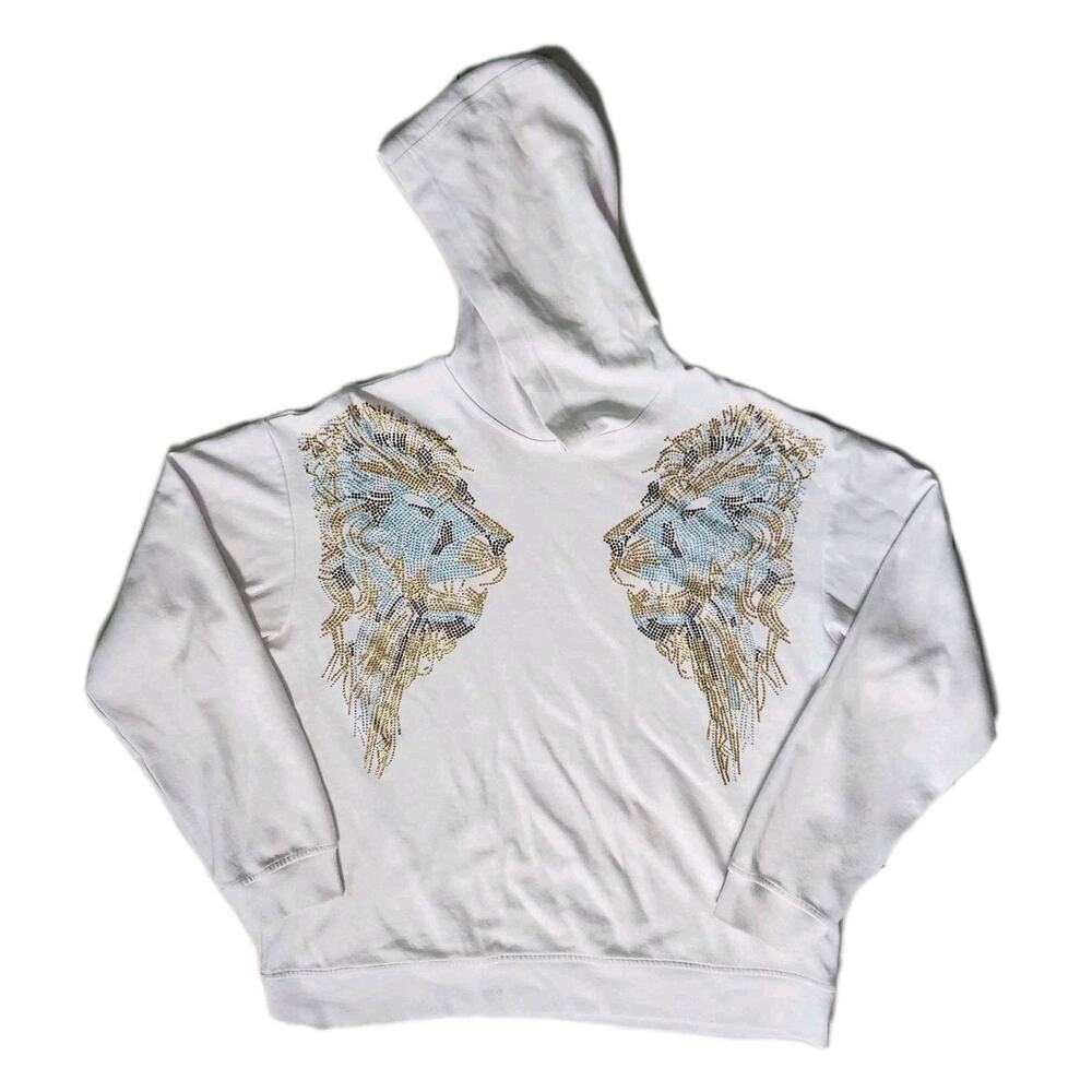 Heads Or Tails White Bling Rhinestone Lion heads Hoodie Size XL